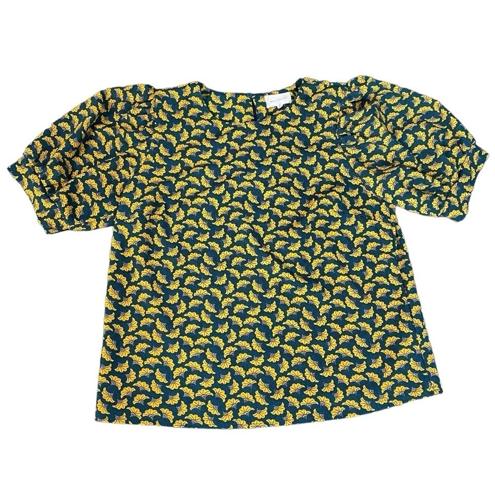Melloday Blue Yellow Floral Tribal Print Short Sleeve Blouse Top Size Small